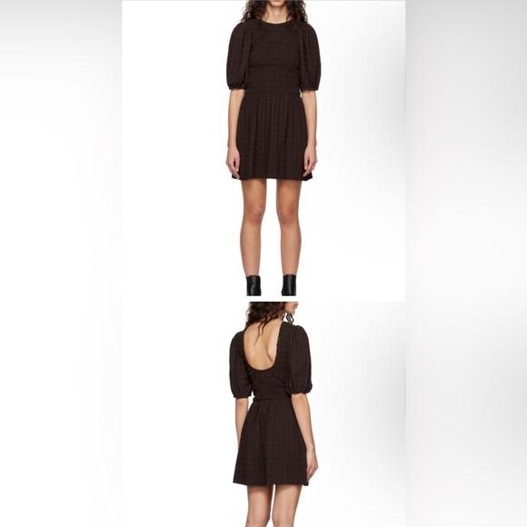 GANNI Brown Checked Seersucker Smocked Mini Dress US 38 - Picture 5 of 7